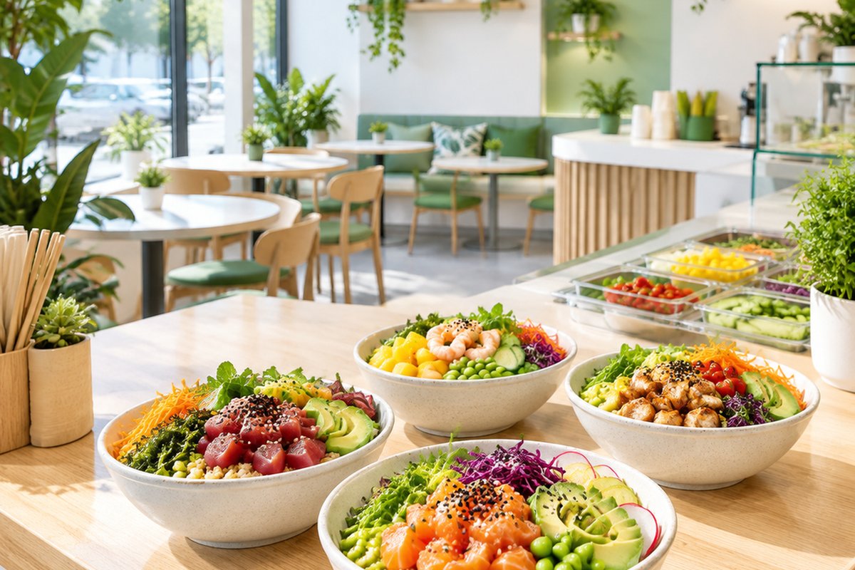 Poke bowls on a pale wooden table in a bright canteen full of plants
